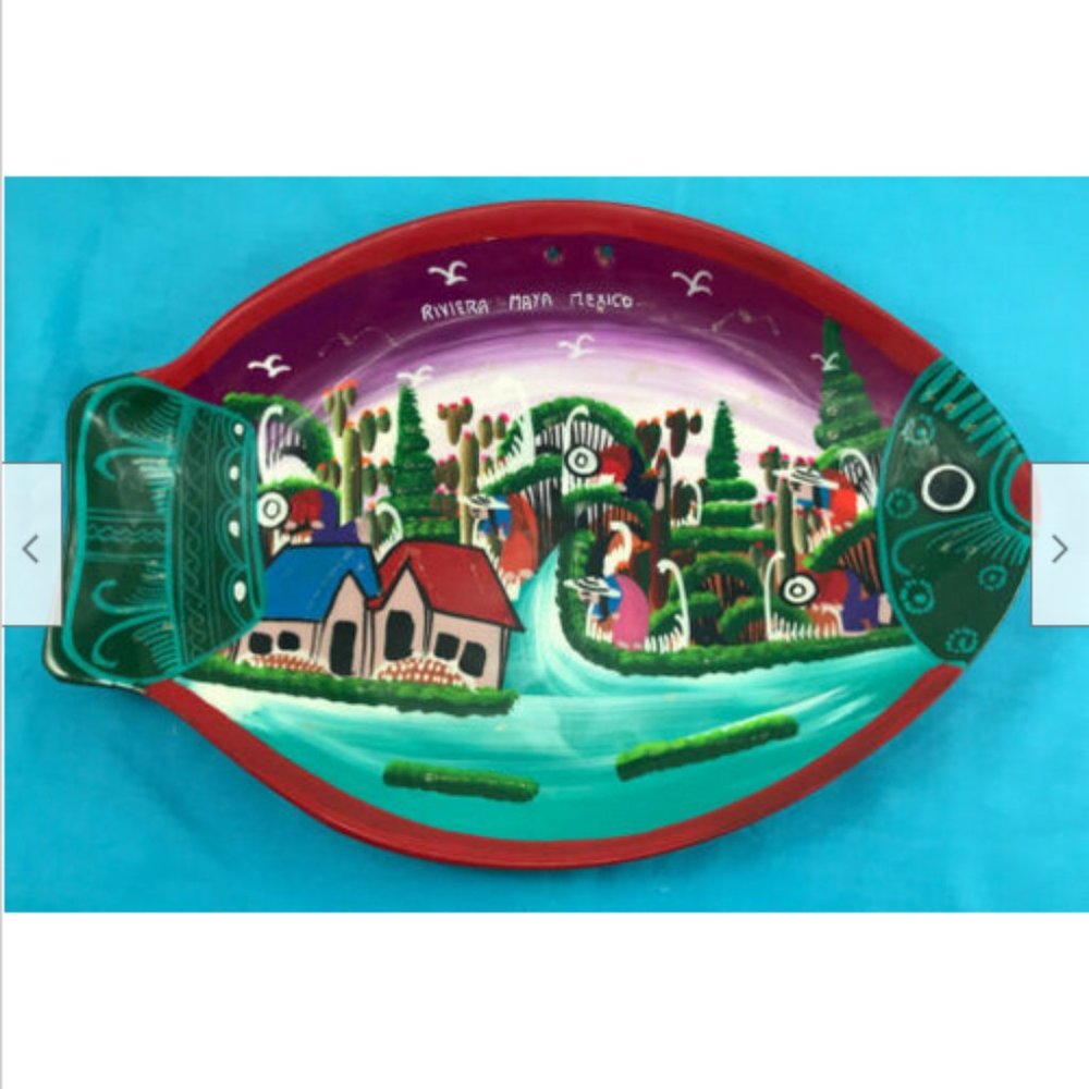 Mexican Fish Shape Hand Painted Decorative 14" Platter Plate Riviera Maya Mexico
